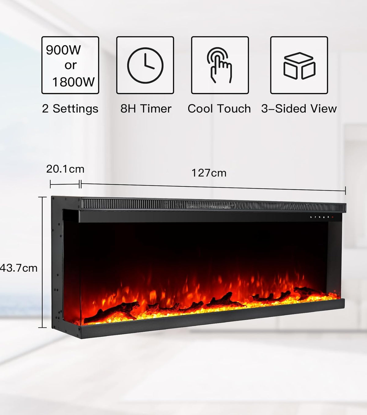 M.C.Haus Cheminée Electrique de Luxe à 3 Faces avec 3 Possibilités D'installation, Cheminée Encastrée dans Un Mur Multimédia, Effet de Flamme Electrique avec 9 Couleurs, 1800W, 127cm/50inch, Noir