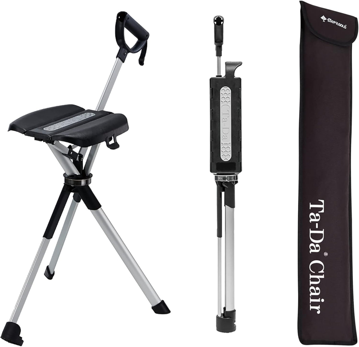 STEP2GOLD Ta-Da Chair Series 2 - Canne de Marche avec siège, Cadre léger en Aluminium, Tabouret Pliable Robuste (jusqu'à 136 kg) Facile à Plier, idéal pour randonnée et activités en Plein air