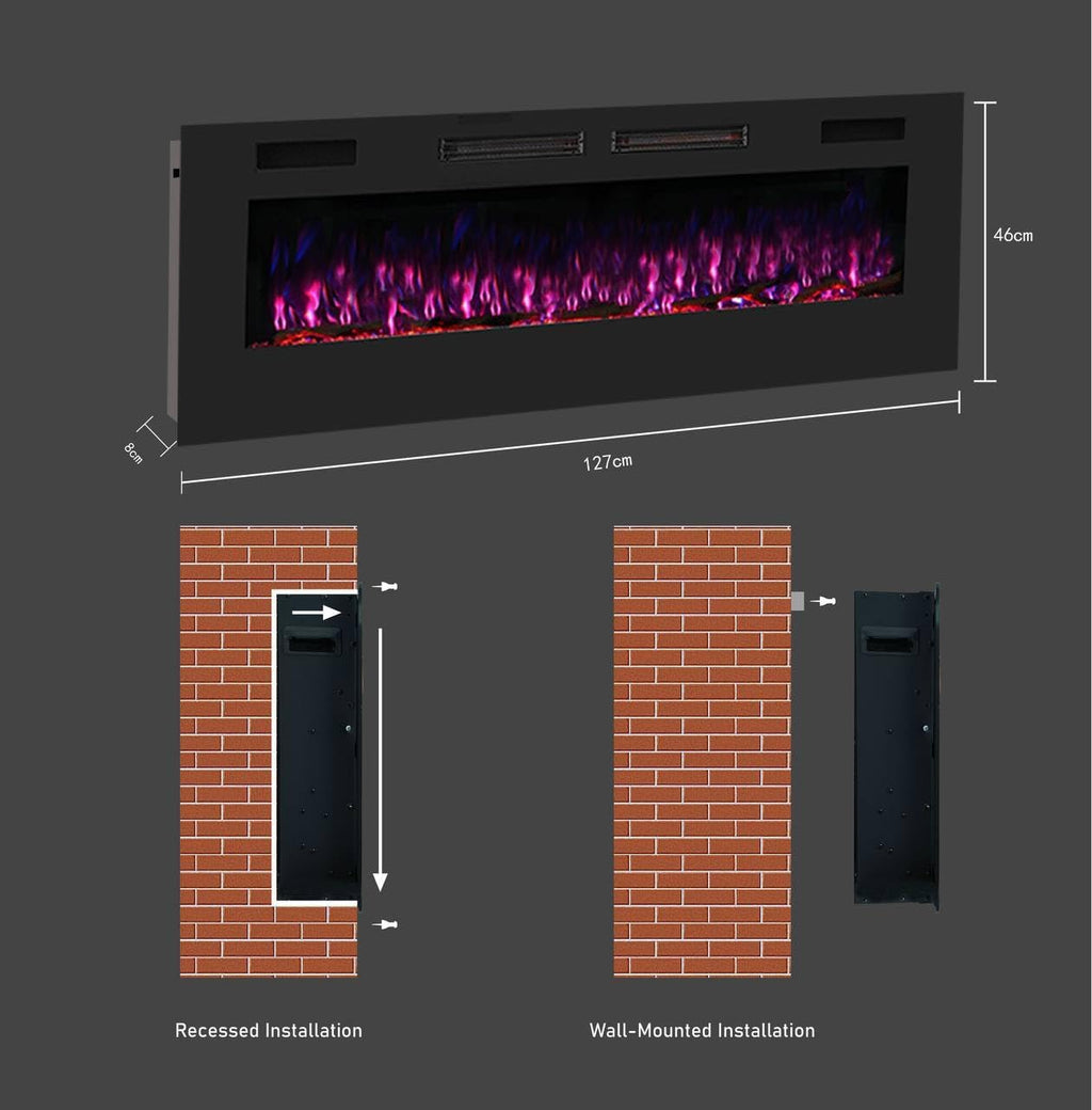 Mystflame Crystal 50 - Cheminée électrique Murale avec Wi-FI, 127 cm, Ultra Fine 8 cm, 12 Couleurs de Flamme, Thermostat 750/1500W, Poêle Confortable, écran Tactile et Minuterie