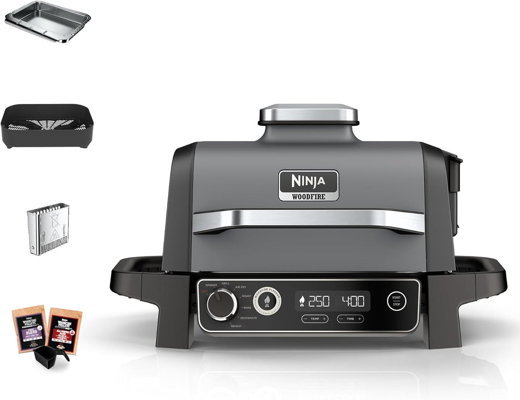 Ninja Woodfire barbecue électrique, grill, fumoir & air fryer, barbecue extérieur 7 en 1, grill, air fryer, fumer, r?tir, four, résistant aux intempéries, antiadhésif, portatif, gris/noir OG701EU