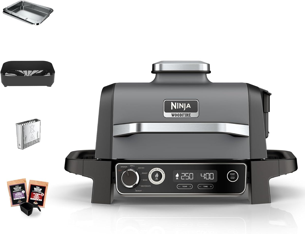 Ninja Woodfire barbecue électrique, grill, fumoir & air fryer, barbecue extérieur 7 en 1, grill, air fryer, fumer, r?tir, four, résistant aux intempéries, antiadhésif, portatif, gris/noir OG701EU