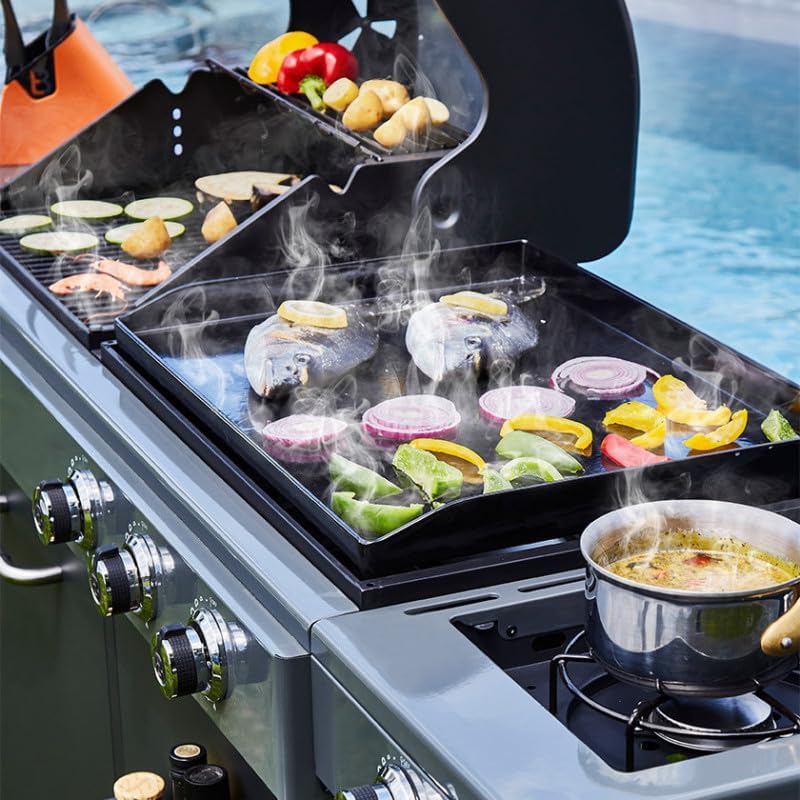 BRASERO - Barbecue Bi-Energy Gun Metal XL - Barbecue Charbon et Plancha 60 x 42 cm à gaz avec br?leur latéral -12,95 KW
