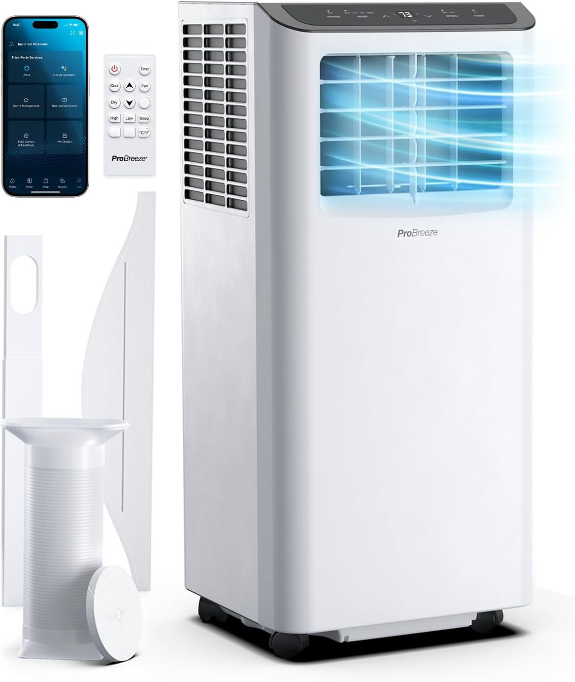 Pro Breeze Climatiseur Mobile 4-en-1 9000 BTU - Clim Puissante compatible WiFi avec Application- Minuterie 24 heures, Télécommande et Kit Fenêtre inclus pour Chambre, Salon 22m2 [Classe énergétique A]