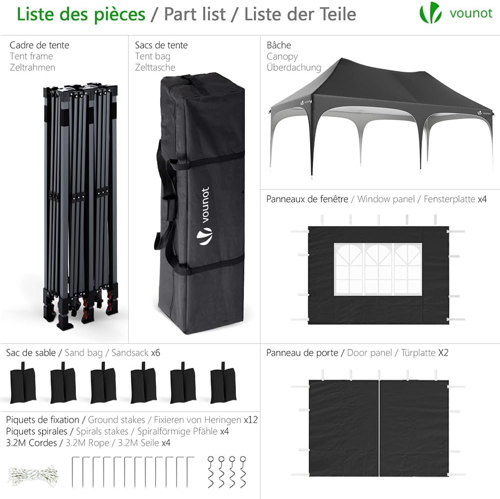 VOUNOT? Tonnelle de Jardin Extérieur 3x6m Barnum Pliant avec 6 Parois Amovibles et 6 Sacs de Sable Tente de Reception Imperméable et Anti-UV pour Camping Festival Mariage Sac de Transport Inclus Noir