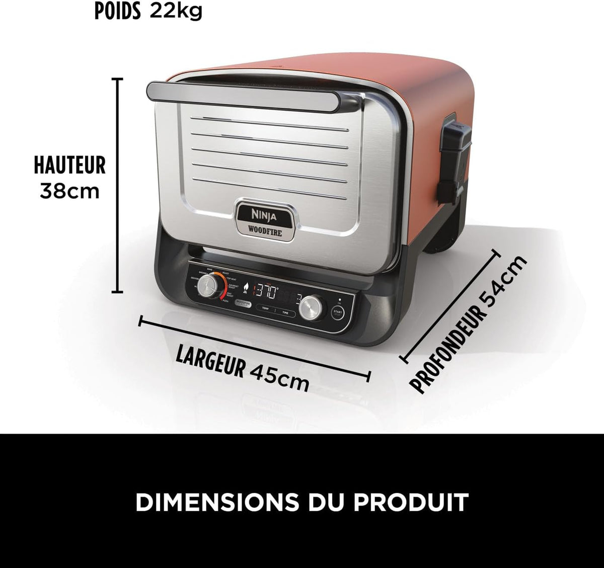 Ninja Woodfire Four à pizza extérieur électrique 8-en-1, rotissoire & fumoir barbecue avec grille, plaque pro-heat, pierre à pizza, granulés de bois et pelle, 6 réglages, orange foncé OO101EU
