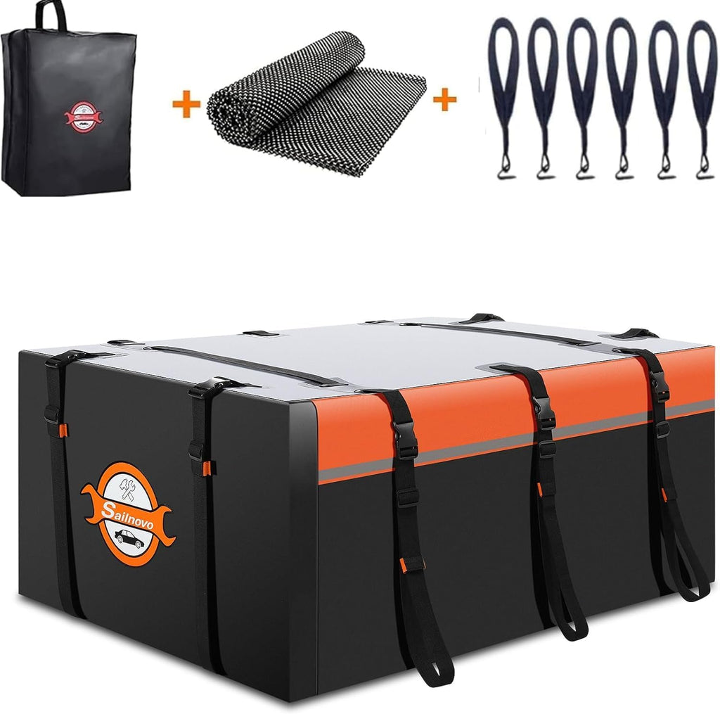 Sailnovo Coffre de Toit Souple de 0,6 m3 avec Tapis antidérapant + 6 Crochets de Porte, Sac de Toit imperméable en PVC pour Voiture avec/sans Porte-Bagages, Noir