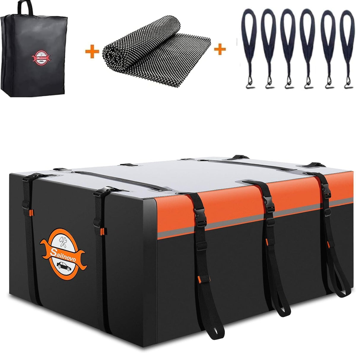 Sailnovo Coffre de Toit Souple de 0,6 m3 avec Tapis antidérapant + 6 Crochets de Porte, Sac de Toit imperméable en PVC pour Voiture avec/sans Porte-Bagages, Noir