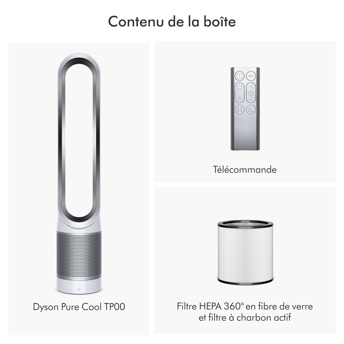 Dyson Pure Cool TP00 – Purificateur ventilateur tour sans pales, 10 vitesses, 434L/s, filtre HEPA 360°, capte 99,95% particules, Blanc/Argent