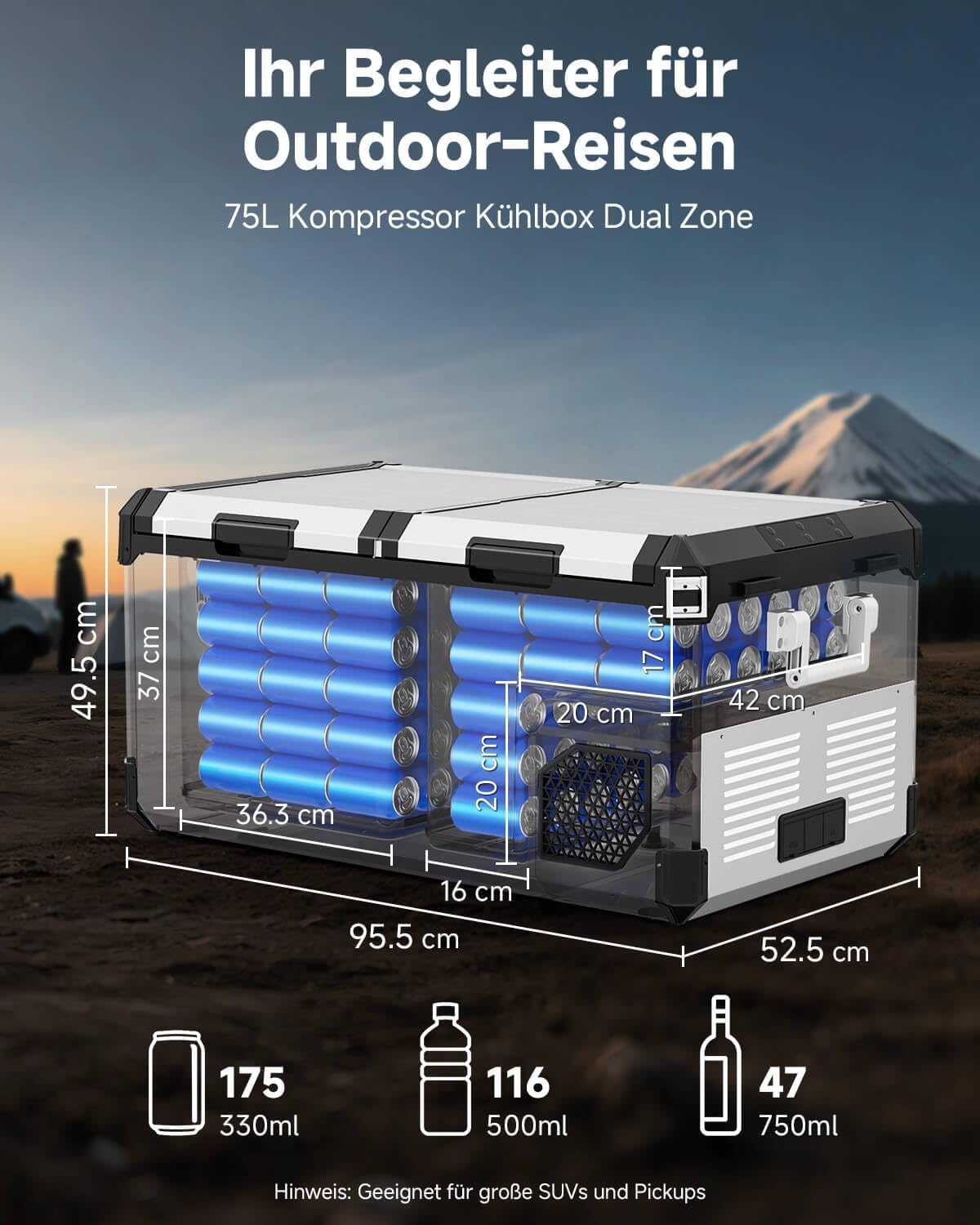 Produktbild: AAOBOSI 95L Kompressor Kühlbox Dual Zone bis -20℃，Edelstahlg – Frontansicht