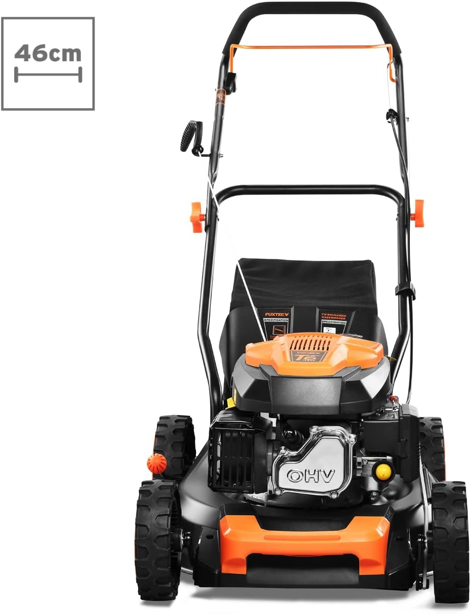 FUXTEC FX-RM4646ECO benzinegrasmaaier, achterzijde met uitworp