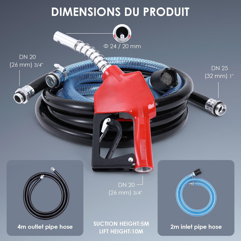 Pompe à diesel 230 V 550 W auto-amor?ante - Stations essence mobiles 60/min - Avec tuyaux et pistolet de distribution - Pour voitures  camions citernes  etc.