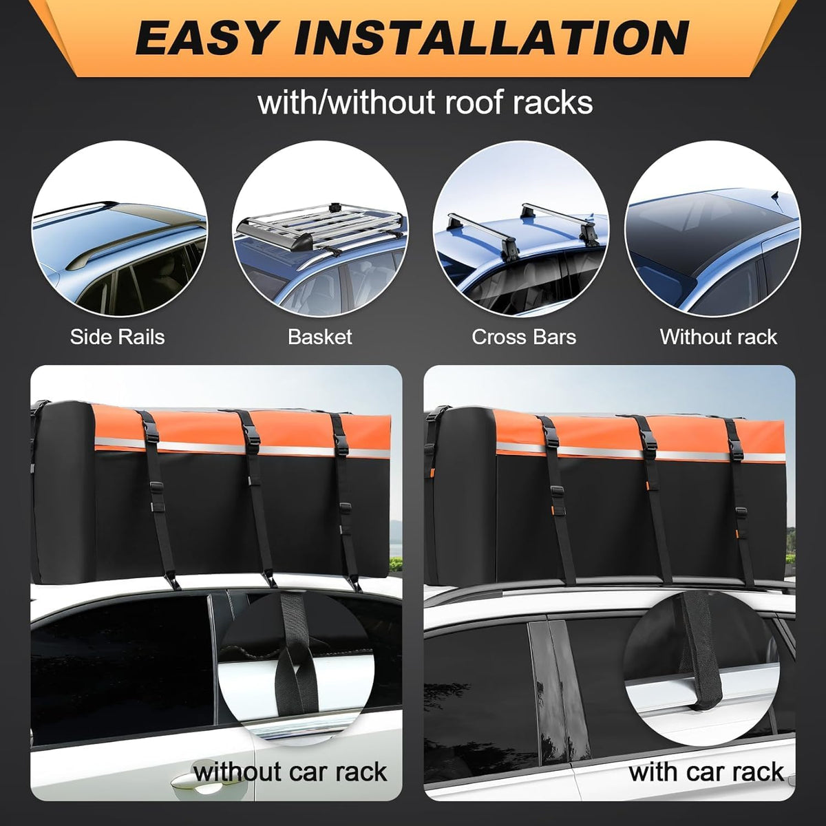 Sailnovo Coffre de Toit Souple de 0,6 m3 avec Tapis antidérapant + 6 Crochets de Porte, Sac de Toit imperméable en PVC pour Voiture avec/sans Porte-Bagages, Noir