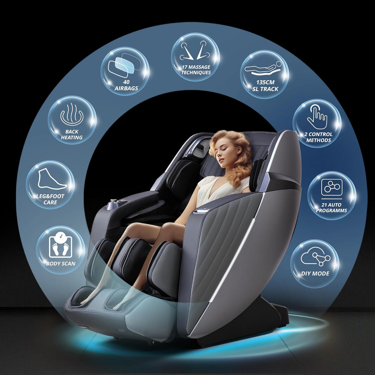 HealthRelife Fauteuil de Massage en Classe Affaires avec Massage corporel Complet, Scan corporel, Massage shiatsu, Extension Automatique du Support pour Les Mollets et Massage des Mollets Noir-Gris