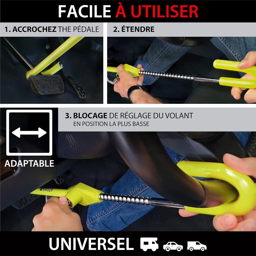 KRASER KR835 Antivol Voiture Volant Pédale, Canne Jaune Haute Visibilité, Verrouillage Sécurité en Acier, Crochet Réglable Plus Extensible, Barre Bloque Volant Universel pour Auto Camping Car Fourgon