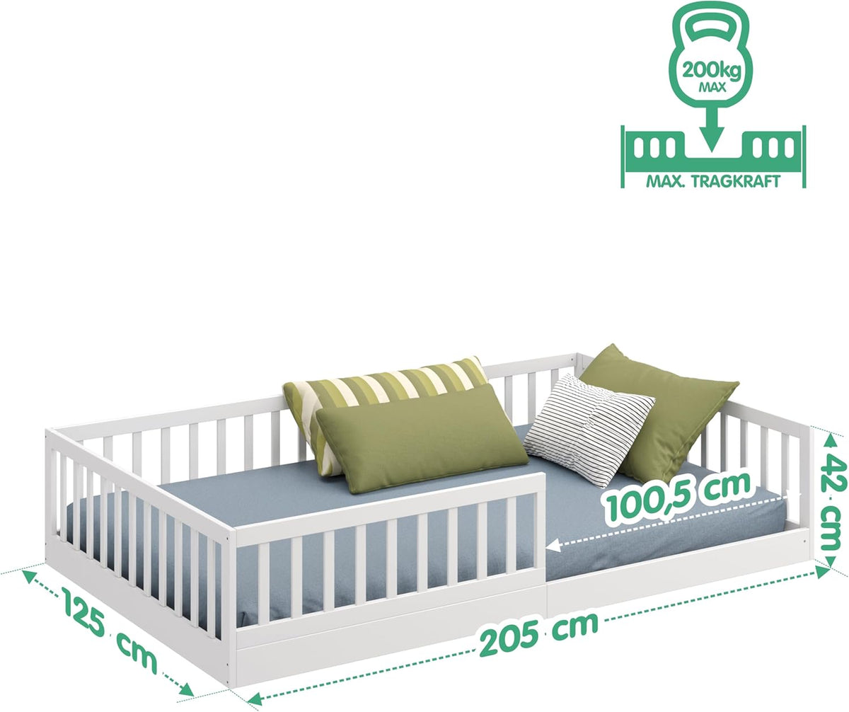 CADANI Timi 2en1 Lit au Sol 120x200 cm Lit Enfant Montessori avec Barrière de Sécurité et Sommier à Lattes, Bois Massif Pin, Blanc, 3 Variantes de Construction, Transformable