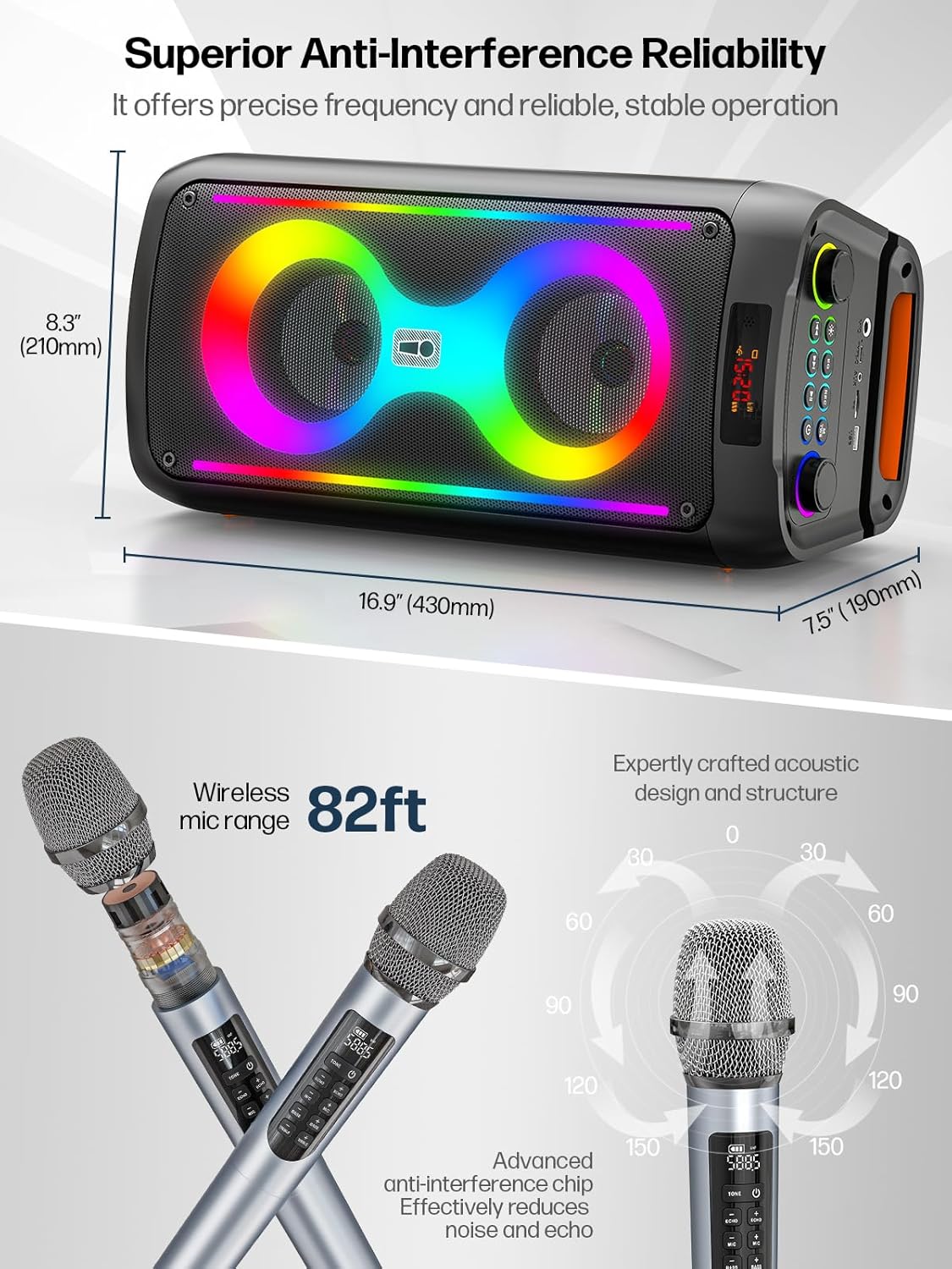 Machine à karaoké pour adultes, haut-parleur Bluetooth portable avec 2 microphones sans fil, système de sonorisation avec lumières disco pour grandes fêtes, extérieur, prend en charge USB/TF/REC/FM