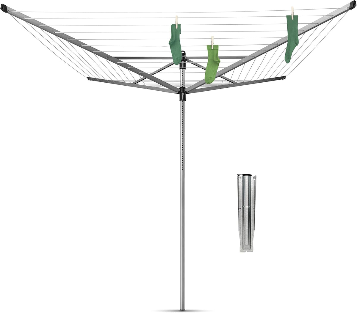 Brabantia - Séchoir Lift-O-Matic - Etendoir Linge Extérieur - Antidérapantes - Résistantes Aux UV, 60m - Rotation Fluide - Pratique - Douille en Métal à Planter dans Le Sol - Gris Métallique - 295cm