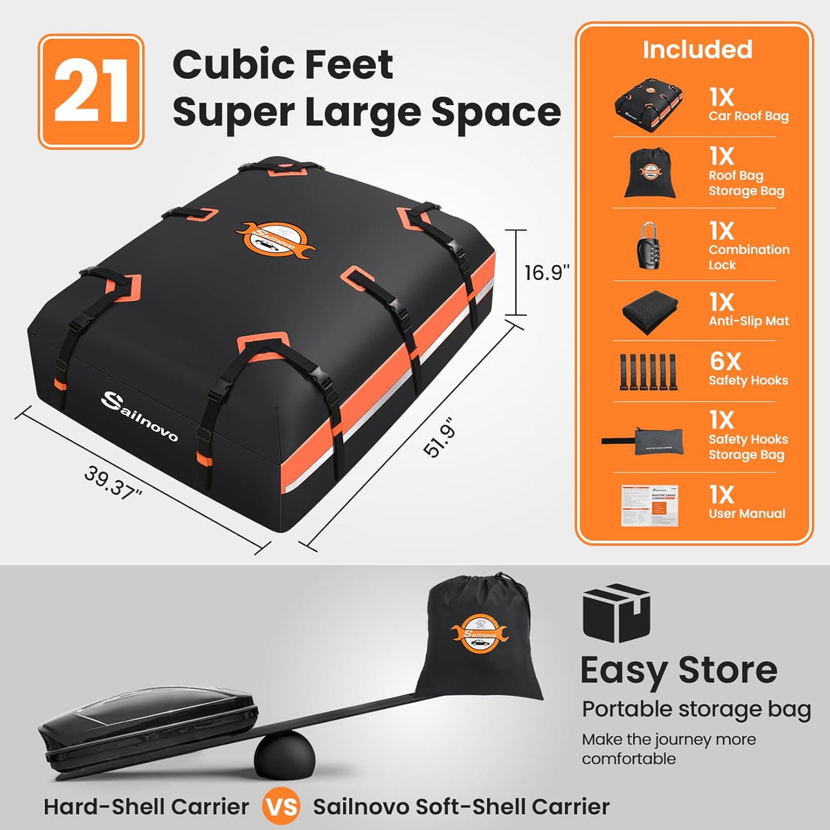 Sailnovo Coffre de Toit de véhicule étanche Sac de Toit Voiture pour Voyage Résistant aux Intempéries avec Tapis Antidérapant, 6 Crochets de Porte et Cadenas à Combinaison, 590L 1000D PVC