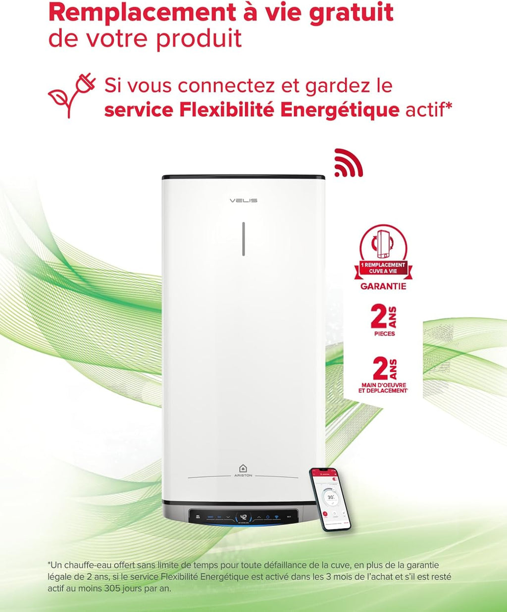Ariston Velis Evo Dune Dry WiFi 45L – Chauffe-Eau Plat Intelligent – Gain de place Ultra-Plat 27cm – Multiposition – 25% d'économie d'énergie – Flexibilité énergétique – Installation en France