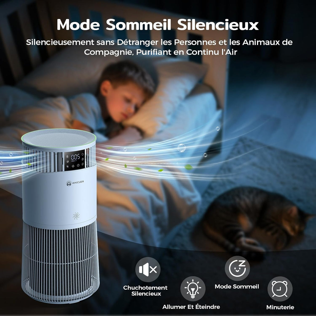 Amicura P2 Purificateur d'air Hepa pour Animaux et Personnes Allergiques, 843 m3/h CADR Contre les Poils d'animaux, Filtre Hospitalier H13 Hepa, 450 m3/h de Particules, Contr?le par App