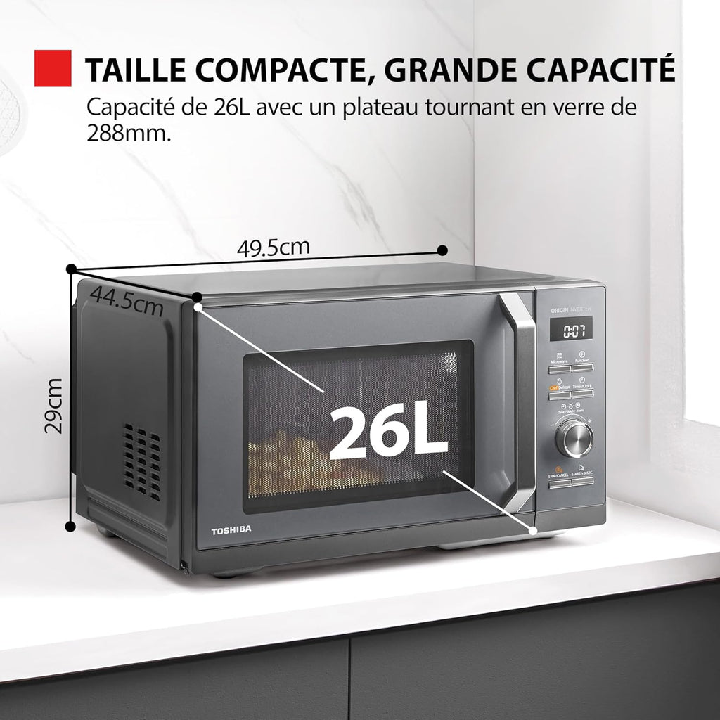 Toshiba MW3-AC26PFI(MG) Four à Micro-ondes 26L Air chaud combiné, 6-en-1 900W avec Cuiseur Vapeur en Gris Morandi, 6 Programmes 10 Niveaux de Puissance, 10 Menus Automatiques