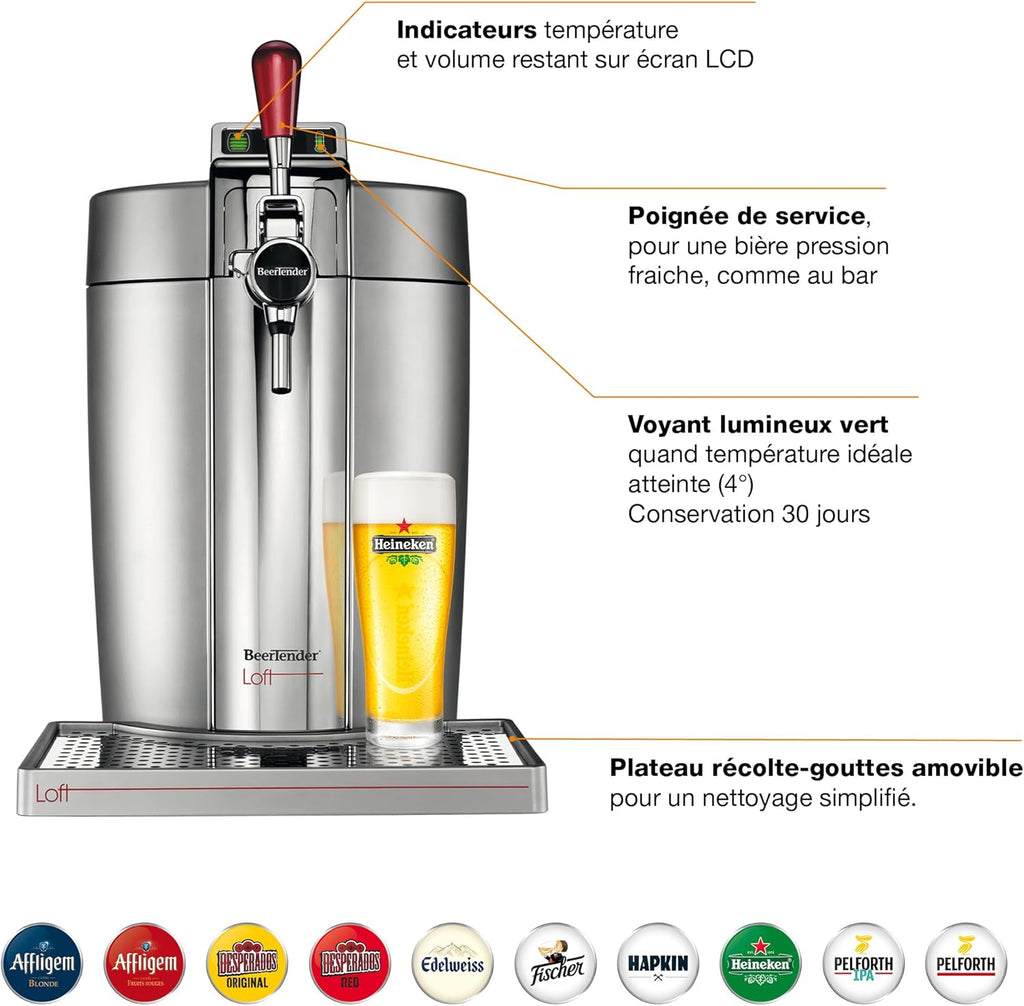 Krups Beertender Machine bière pression  F?ts de 5 L  Témoin lumineux  Bière fra?che  Installation facile  Indicateur température  Indicateur volume restant  Loft Edition Silver VB700E00