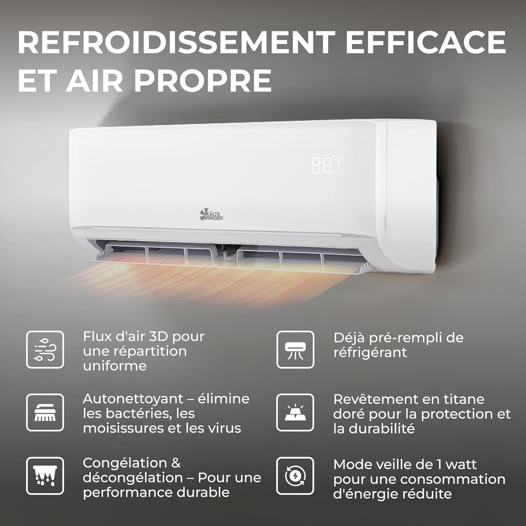 K?ltebringer Climatiseur Split - 12000 BTU - 3 5 kW - Avec fonction chauffage  WiFi et App - très silencieux & économe en énergie  avec support mural - Marque de qualité Allemande