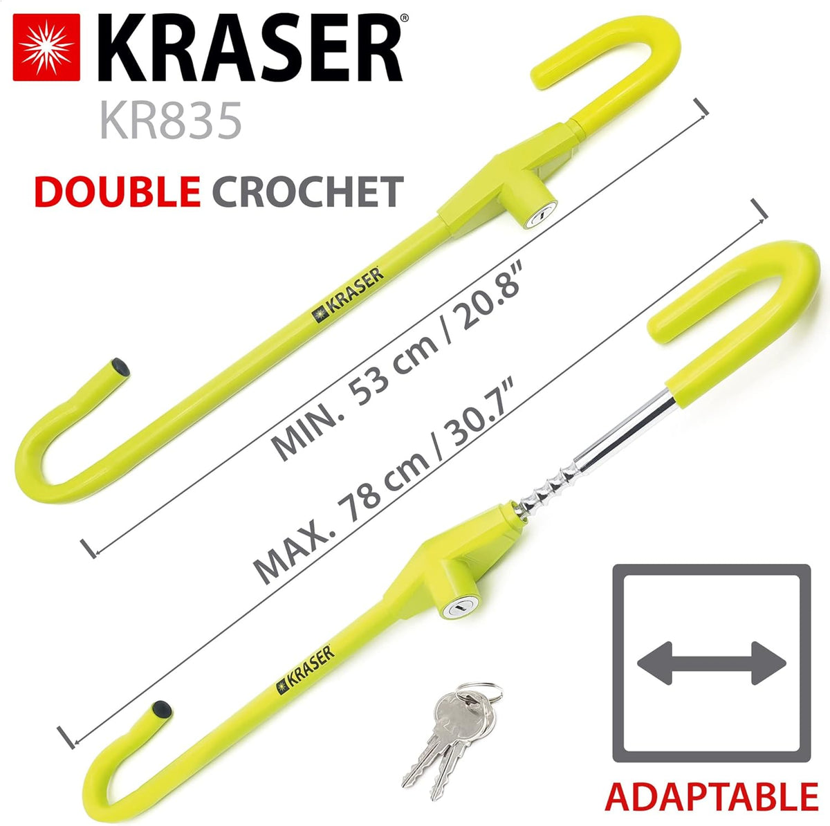 KRASER KR835 Antivol Voiture Volant Pédale, Canne Jaune Haute Visibilité, Verrouillage Sécurité en Acier, Crochet Réglable Plus Extensible, Barre Bloque Volant Universel pour Auto Camping Car Fourgon
