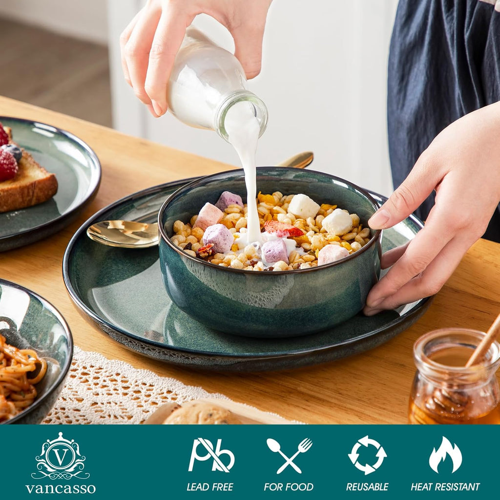 vancasso Série STARRY Service de Table 24 Pièces en Grès, Service Vaisselle 6 Personnes, avec 6 Assiettes Plates, 6 Assiettes à Dessert, 6 Assiettes Creuses, 6 Bols à Céréales, Vert à émail Réactif