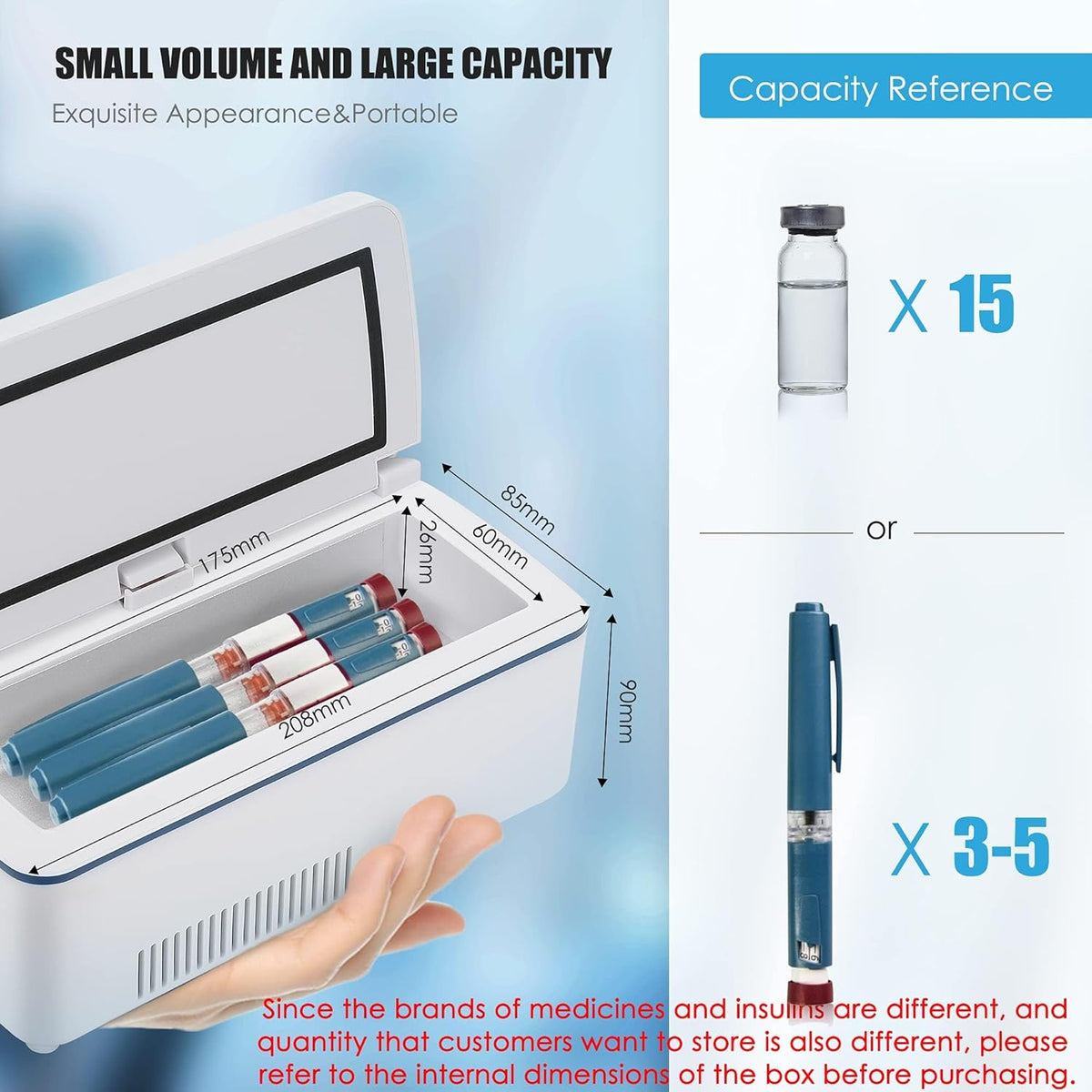 CGOLDENWALL Portable Réfrigérateur à Insuline Glacière 2~8℃ Drug Reefer Mini Médecine Réfrigéré Bo?te de Voyage avec Grande Espace Froid 175 * 60 * 26 mm - batterie en travail de 12 hours