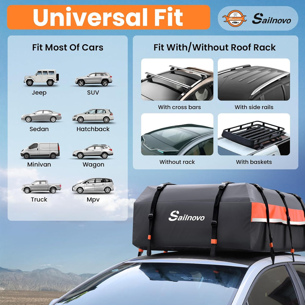 Sailnovo Coffre de Toit de véhicule étanche Sac de Toit Voiture pour Voyage Résistant aux Intempéries avec Tapis Antidérapant, 6 Crochets de Porte et Cadenas à Combinaison, 590L 1000D PVC