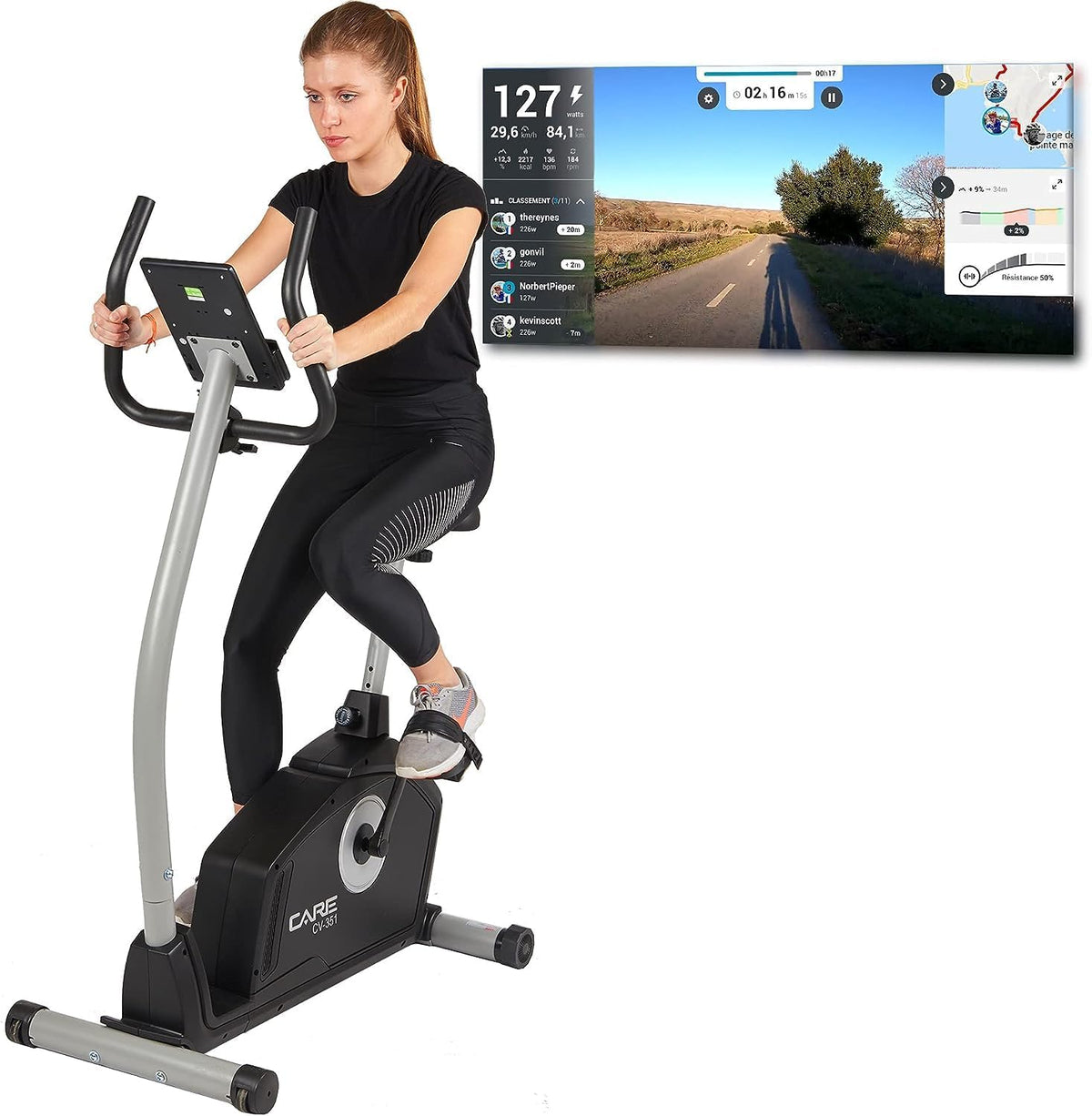 CARE FITNESS - Vélo d’Appartement Motorisé CV-351 – Masse d'Inertie 10kg - Résistance Magnétique à 16 Niveaux - 7 Programmes d'Entra?nement - Selle Ajustable - Connectivité Application Kinomap
