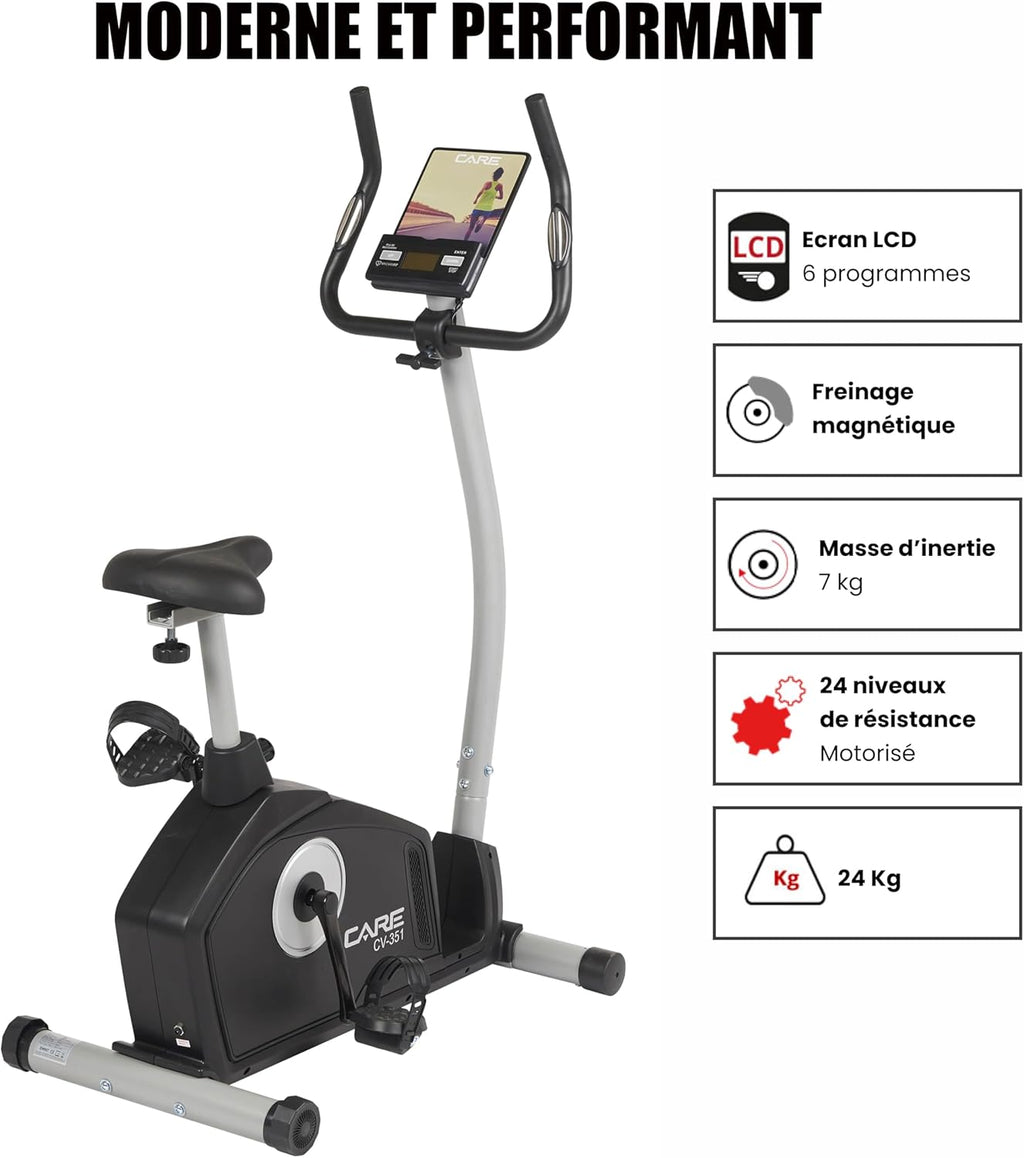 CARE FITNESS - Vélo d’Appartement Motorisé CV-351 – Masse d'Inertie 10kg - Résistance Magnétique à 16 Niveaux - 7 Programmes d'Entra?nement - Selle Ajustable - Connectivité Application Kinomap