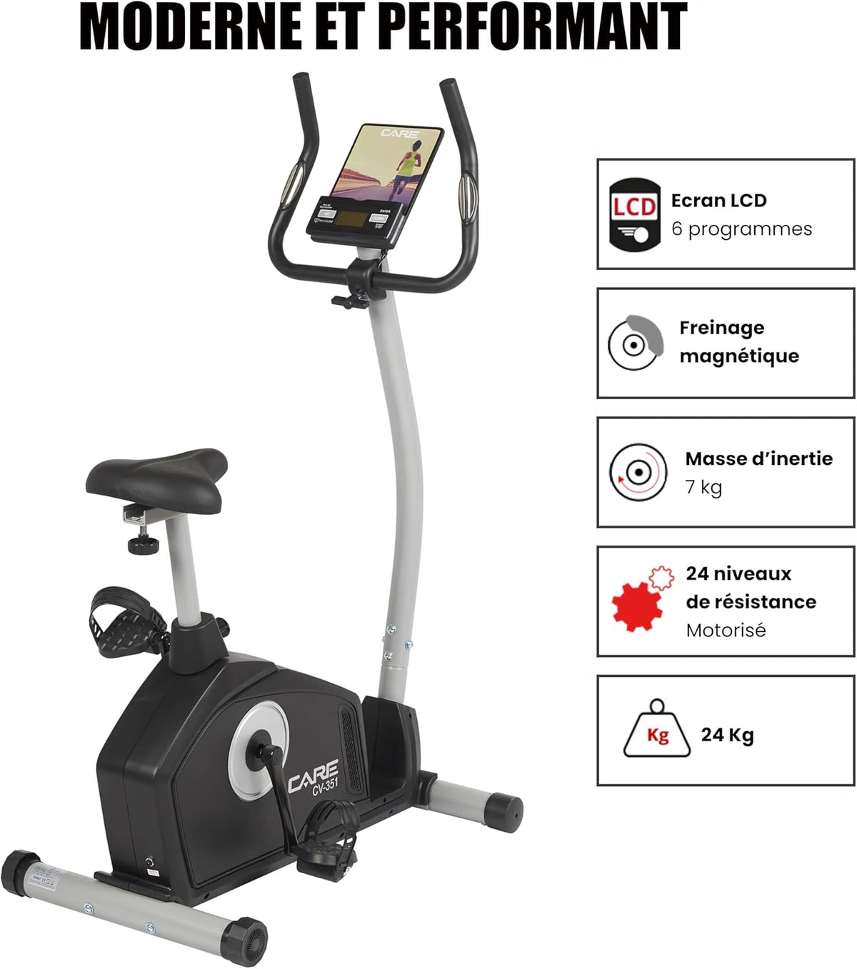 CARE FITNESS - Vélo d’Appartement Motorisé CV-351 – Masse d'Inertie 10kg - Résistance Magnétique à 16 Niveaux - 7 Programmes d'Entra?nement - Selle Ajustable - Connectivité Application Kinomap