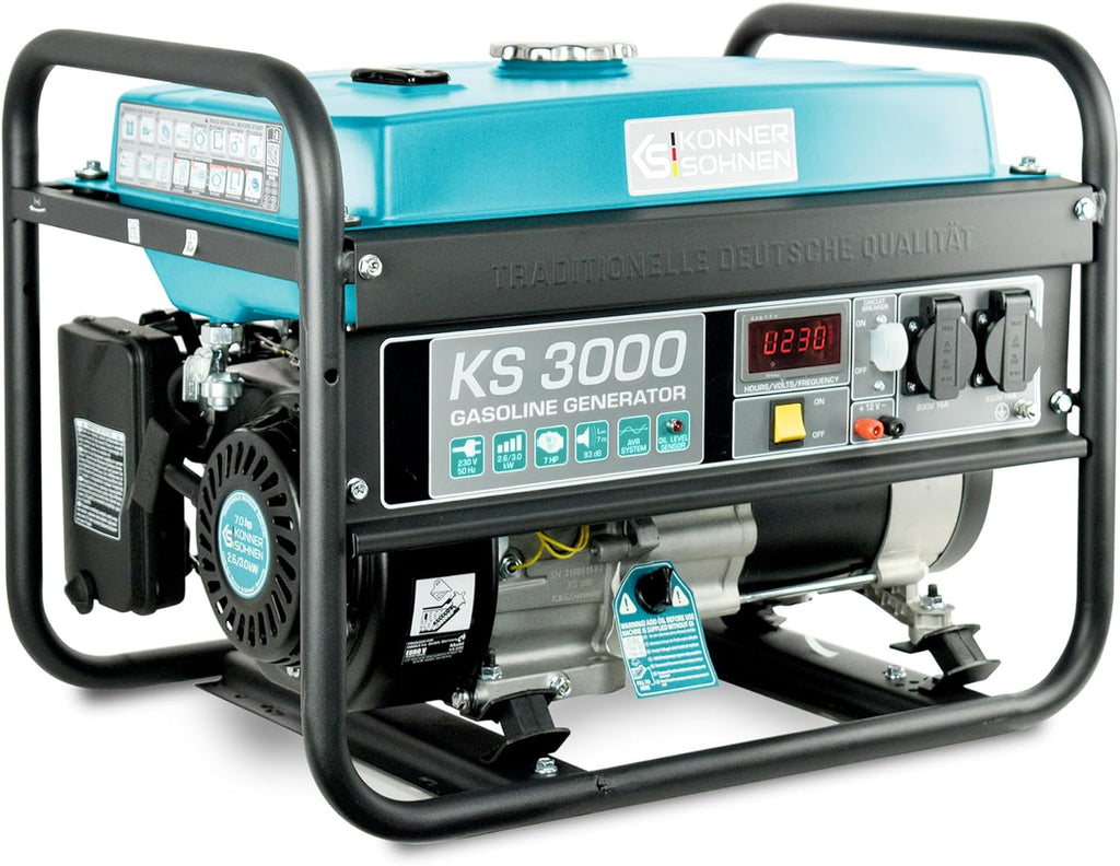 Groupe électrogène à essence KS 3000 puissance max 3000 W, prises Schuko 2x16A (230 V), EURO-V, régulateur de tension automatique (AVR),moteur électrique enroulement 100% cuivre,generateur de courant