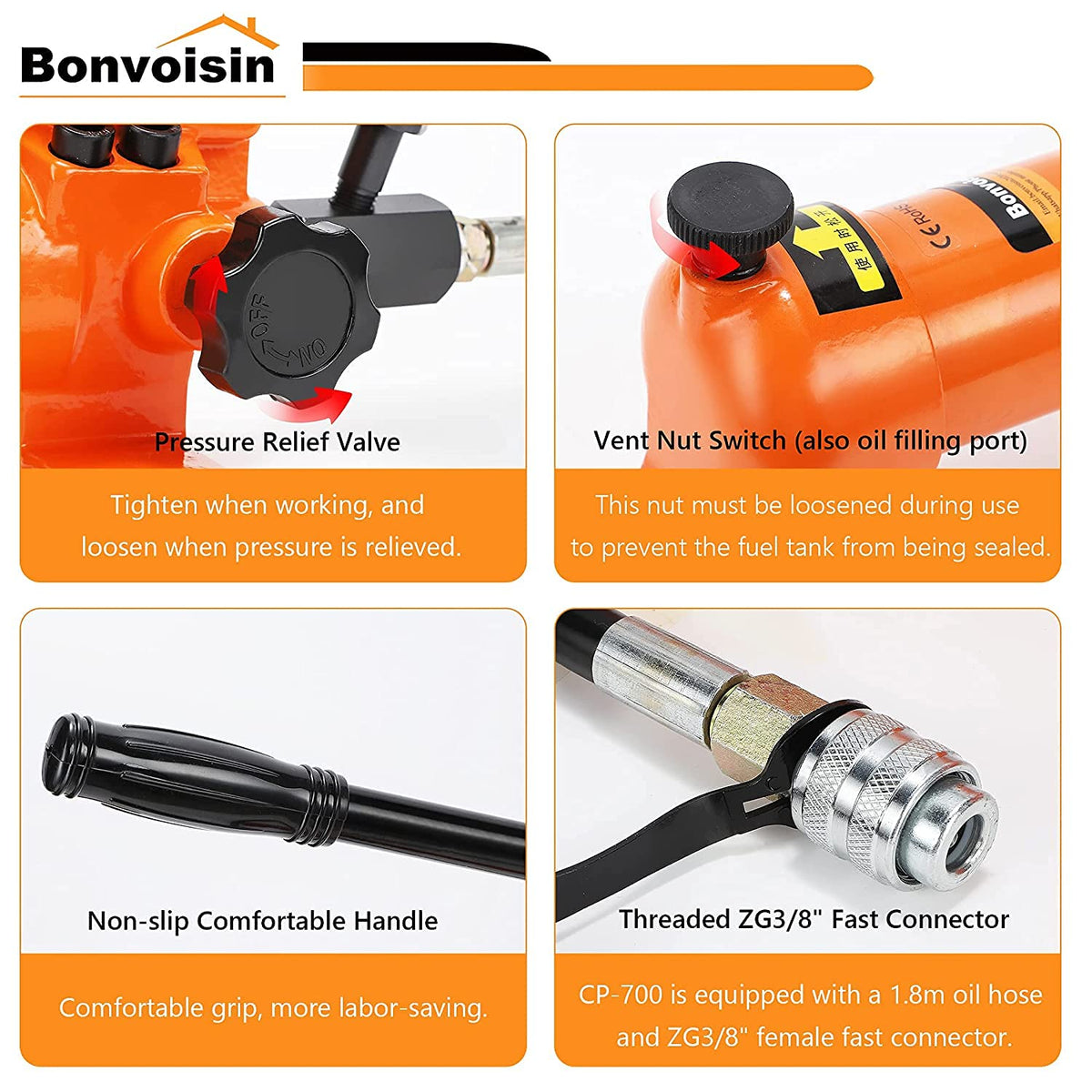 Bonvoisin CP-700 Pompe Hydraulique Manuelle  avec Manomètre  Haute Pression 700 kg/cm2  Teneur en Huile 900cc  pour des Outils Hydrauliques