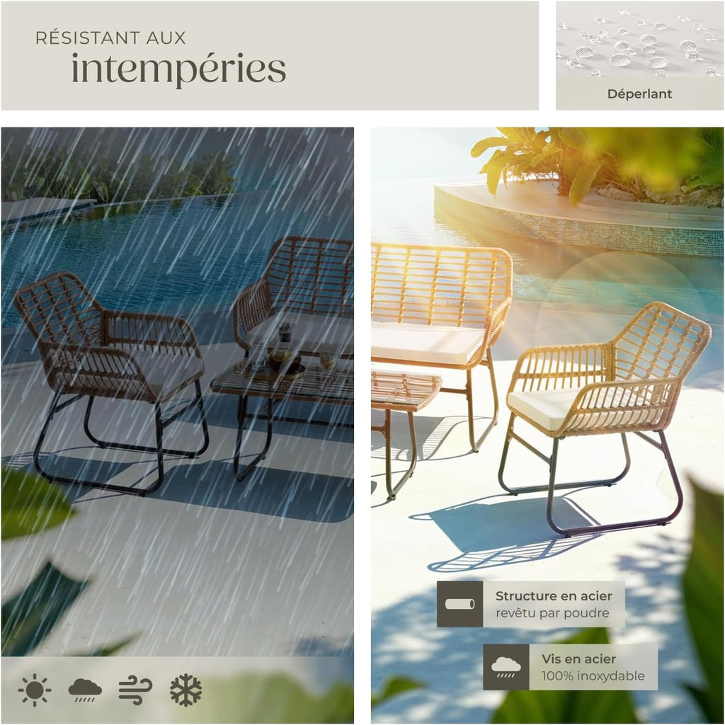 TecTake? Salon de Jardin Extérieur en Poly Rotin 4 Personnes Ensemble Canapé 2 Places 2 Fauteuil Salon et Table de Jardin, Coussins Amovibles Inclus, Amenagement Balcon Terrasse Veranda