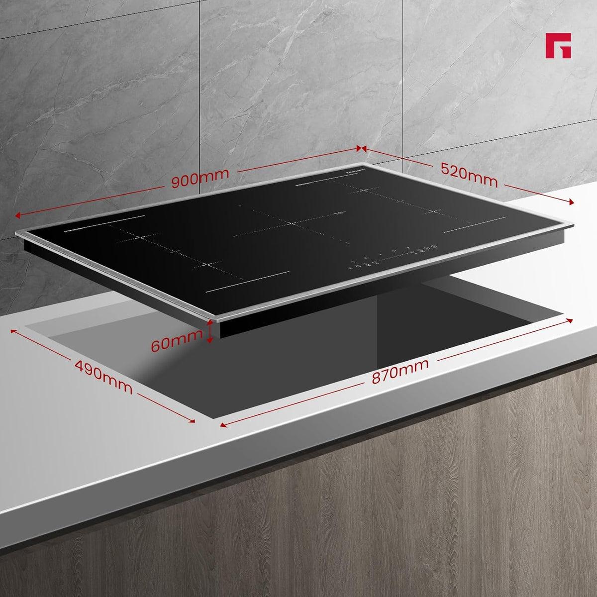 GASLAND IH905BFB Plaque de Cuisson Induction encastrable 90 cm, 5 foyers avec cadre en inox, zone spéciale BBQ, PowerBoost, 10000W (Poêle non incluse)