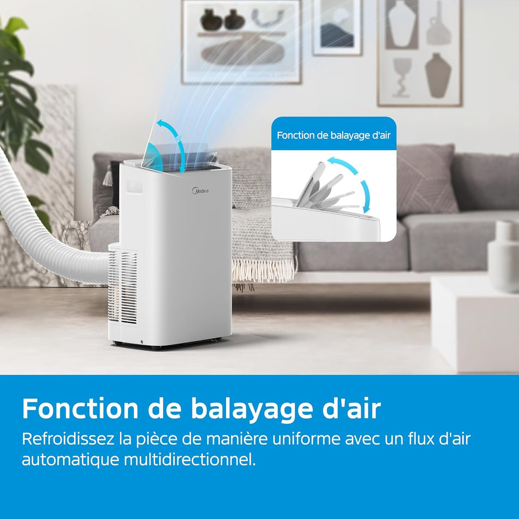 MIDEA Climatiseur Mobile Silencieux 12000 BTU avec évacuation - Climatisation Portable Prêt à Poser 3500W - Clim Réversible Split Mobile - 4 modes avec Kit de Fenêtre et App Control