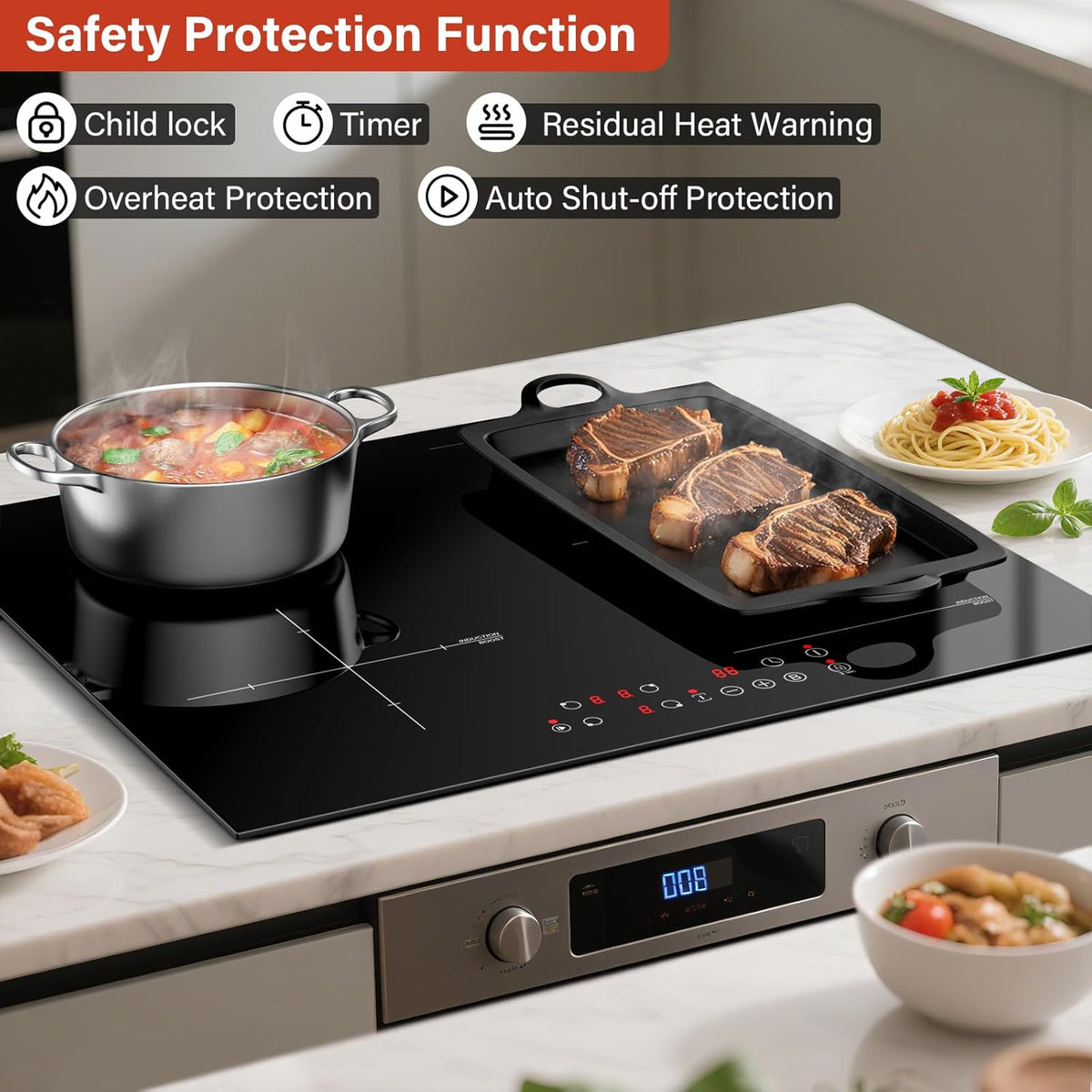 KICHPOWER Plaque Induction 4 Feux, 1 Zone Flexible, Plaque Induction 60cm Encastrable, Plaque de Cuisson électrique, Boost Fonction, Commande Tactile, 6000W, 9 Niveaux de puissance, Minuterie 1-99 Min