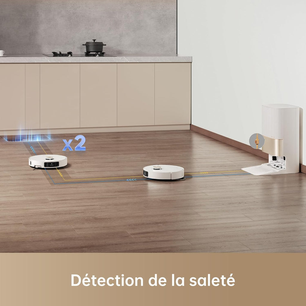 DREAME X40 Ultra Complete Robot Aspirateur avec Serpillière amovible et relevable, Brosse latérale surélevée,12 000 Pa,Serpillière et la Plaque de lavage avec de l'eau chaude à 70 C,Brosses relevables