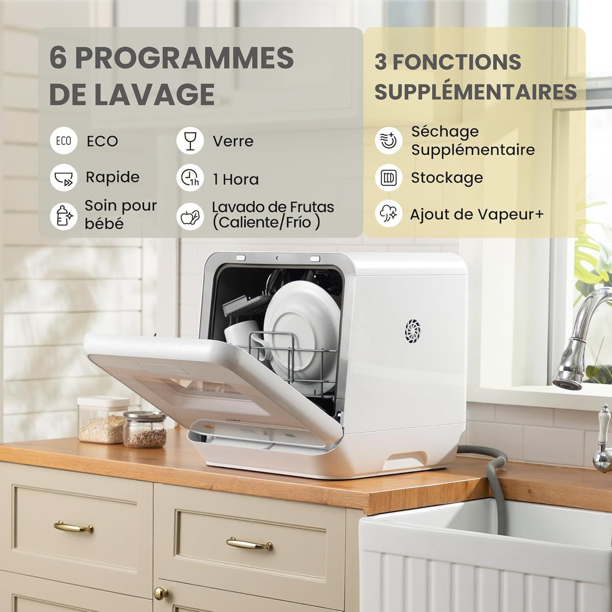 COMFEE' Lave-vaisselle de comptoir, mini lave-vaisselle de table avec 6 programmes, lavage à la vapeur,Soins pour bébé et lavage des fruits, sans plomberie, démarrage différé, 72Heures stockage, blanc