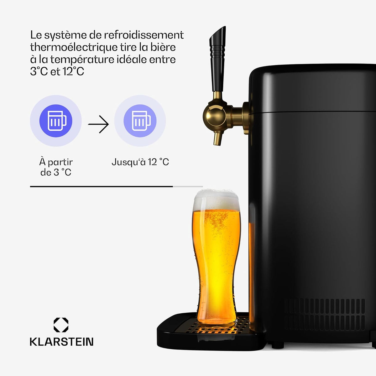 Klarstein FrostBrew Tireuse à Bière - Système de Pression CO?  F?ts 5L  Refroidissement Thermoélectrique 3-12°C  Levier de Tirage  Noir/Or