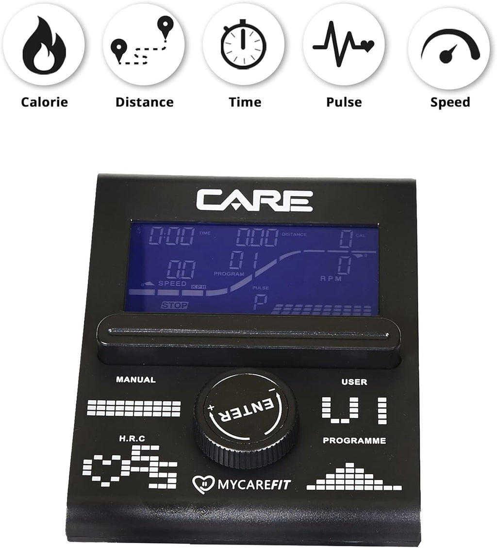 Care Fitness - Vélo Elliptique Motorisé CE-685-24 Niveaux de Difficulté - 24 Programmes - Compteur écran LCD - Port USB - Porte Tablette - Compatible Application Kinomap
