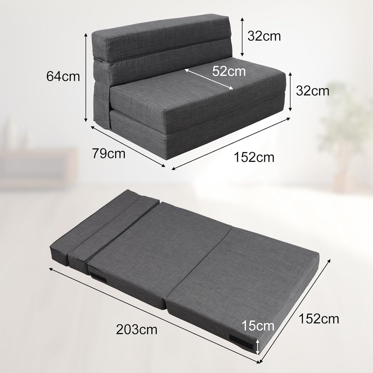 ANONER Canapé Convertible 2 Places 150cm de Large, Pliable en Mousse à Mémoire de Forme & 2 Oreillers, Lit Pliant de Sol pour Chambre Salon, Gris Foncé