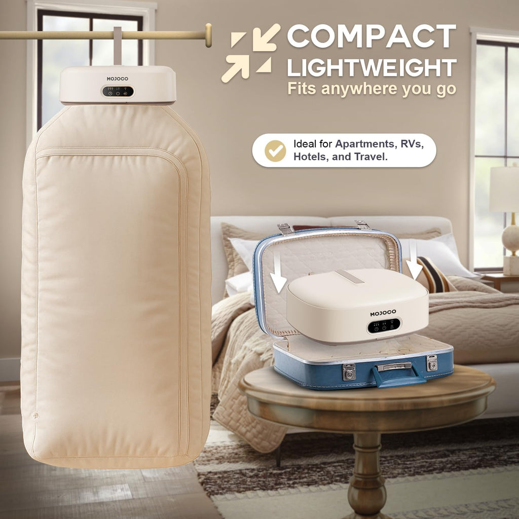 MOJOCO Sèche-linge portable - Sèche-linge mini / compact pour appartement, caravane, voyage, petite machine silencieuse à séchage rapide avec minuterie réglable et chaleur qui réduit les plis