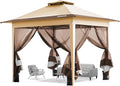 VIVOHOME Tente écran Tonnelle Pliante Portable résistant à l'eau Barnum Pavillon de Jardin avec Moustiquaire 2 Portes à Fermeture éclair et Sac Roulant (Beige & Marron, 3x3 m)
