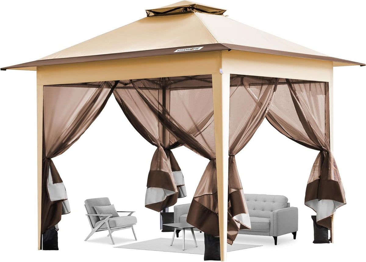 VIVOHOME Tente écran Tonnelle Pliante Portable résistant à l'eau Barnum Pavillon de Jardin avec Moustiquaire 2 Portes à Fermeture éclair et Sac Roulant (Beige & Marron, 3x3 m)