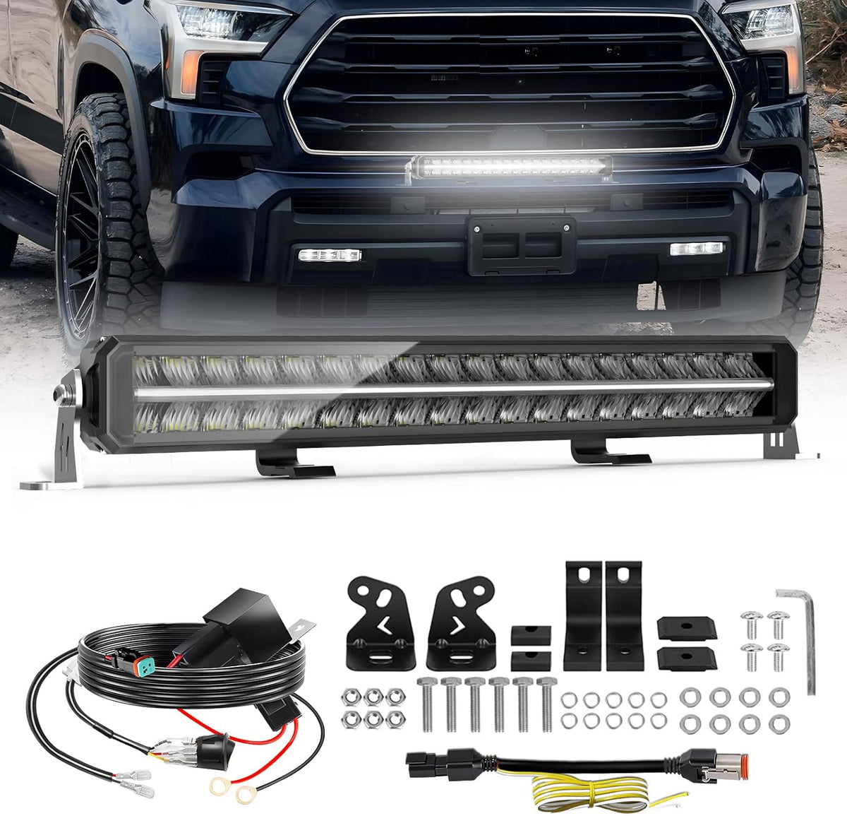 BraveWAY Barre Rampe LED DRL 21" 120W 26000LM Projecteur Longue Portée Homologation ECE 12/24V Rampe LED 4x4 pour Les Véhicules de Tracteurs Agricoles,4x4 quads,Poids Lourd, avec Kit De Cables