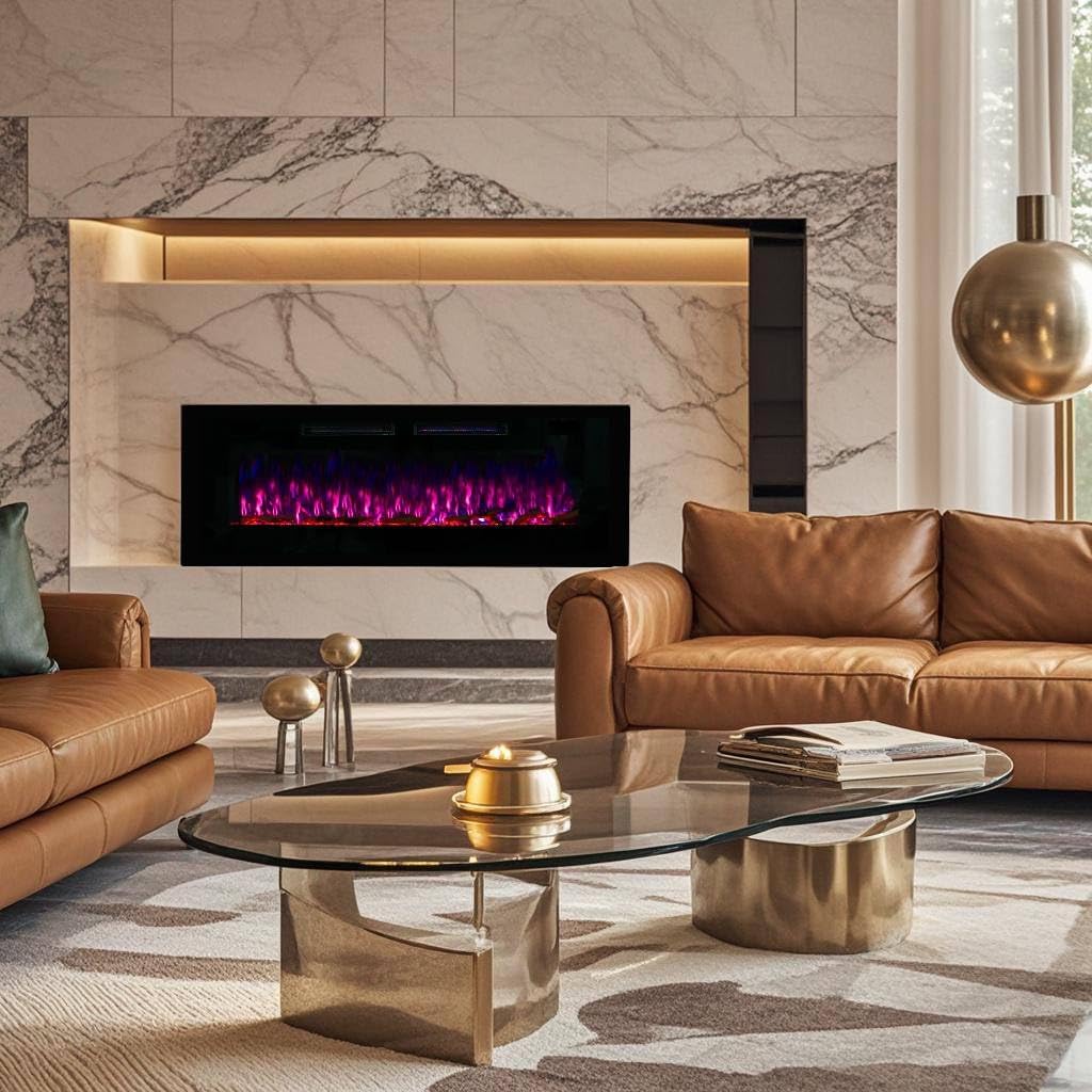 Mystflame Crystal 50 - Cheminée électrique Murale avec Wi-FI, 127 cm, Ultra Fine 8 cm, 12 Couleurs de Flamme, Thermostat 750/1500W, Poêle Confortable, écran Tactile et Minuterie